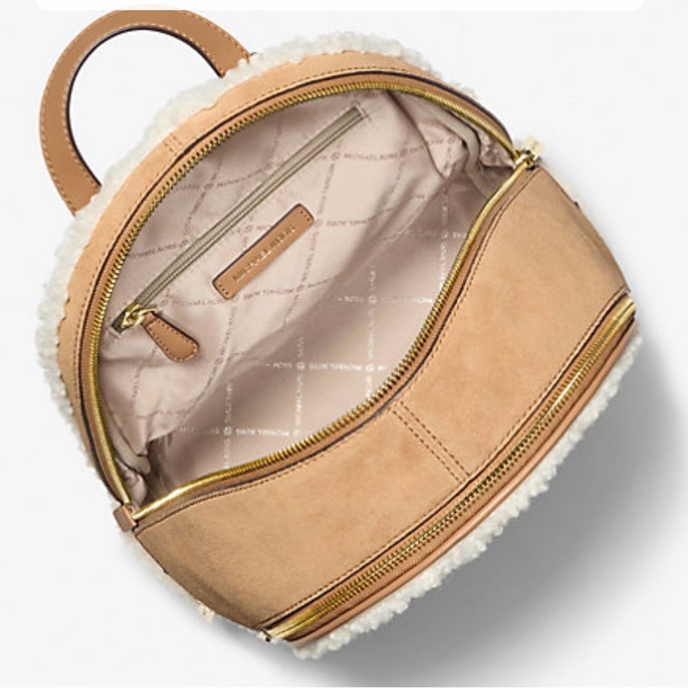 Michael Kors Rhea Medium Zip Peanut Backpack with Shearling Accents - Picture 5 of 5